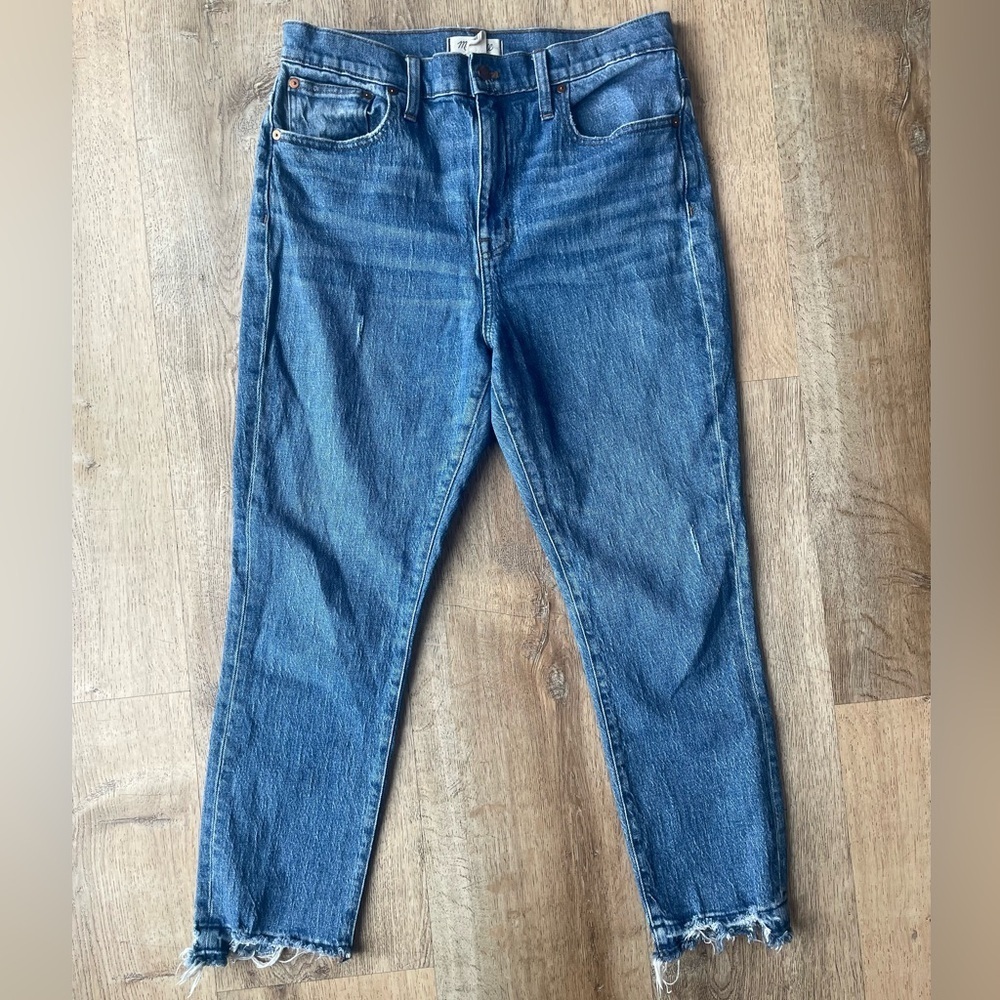 Madewell The High-Rise Slim Boyjean Size 29 Distressed Raw Hem Fair Trade Denim
